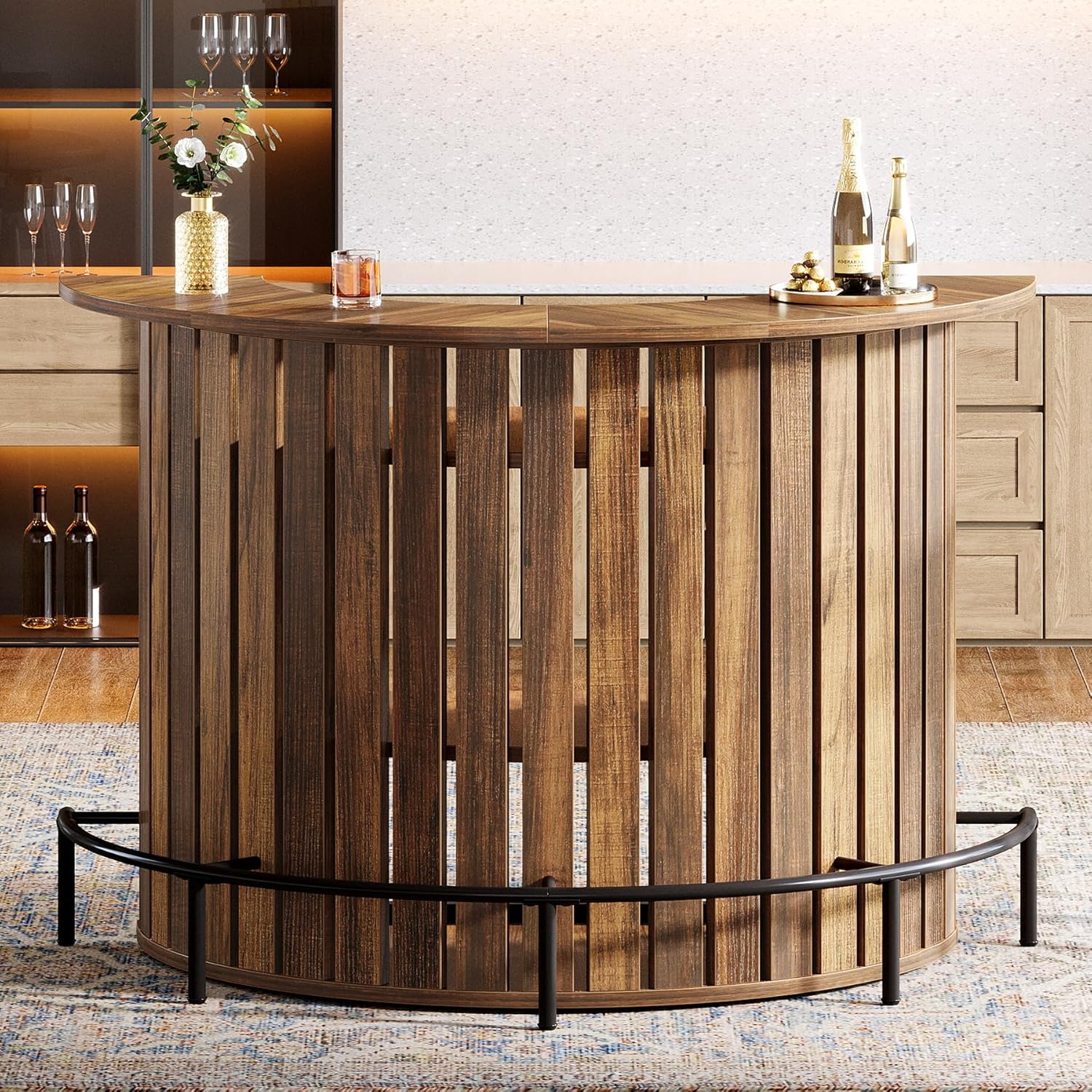Tribesigns 4-Tier Bar Table, 47.24" Mini Home Bar Table with Footrest, Arc-Shaped Modern Bar Cabinet for Home, Living Room, Rustic Brown