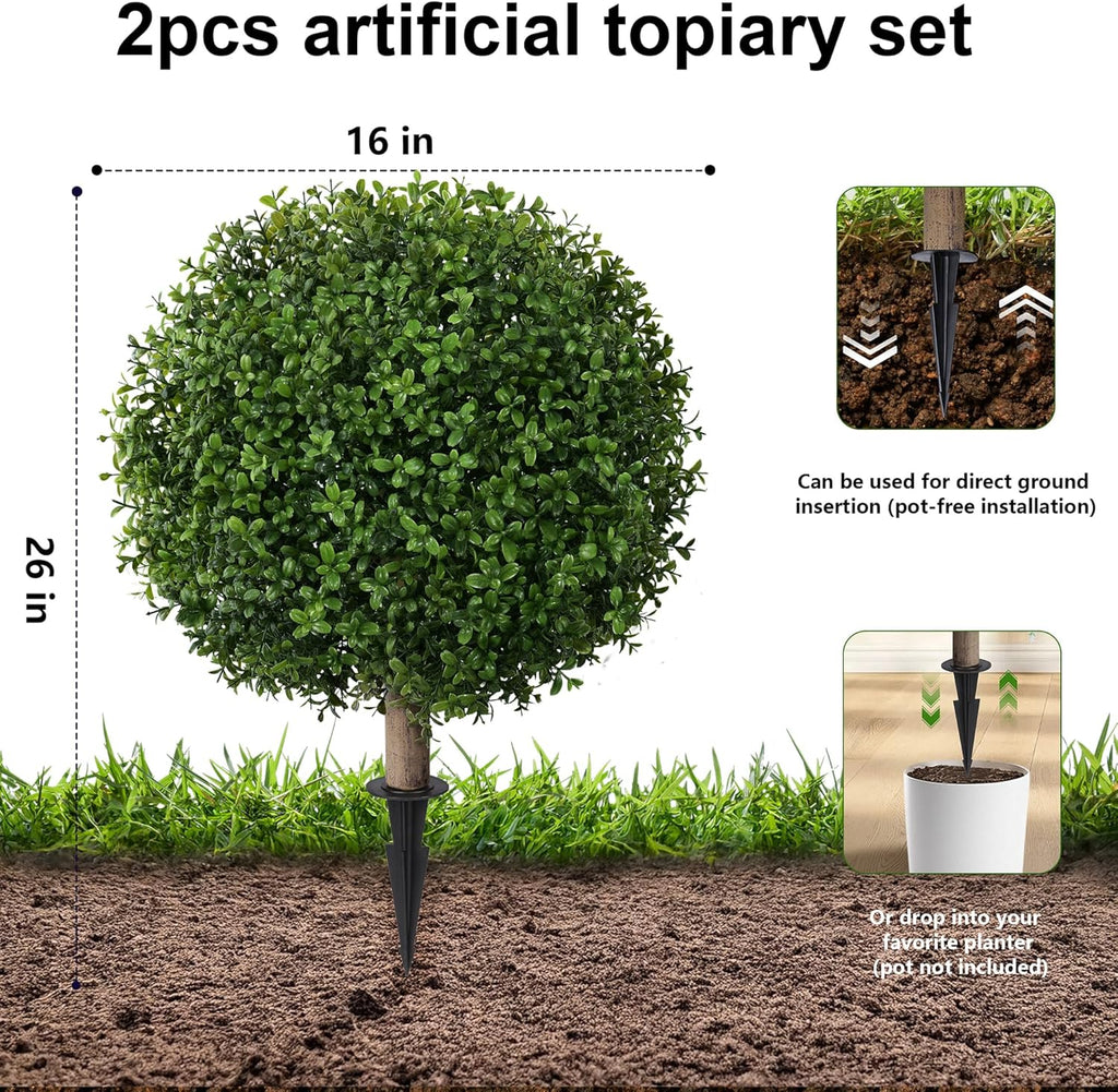 Artificial Boxwood Topiary Ball Trees for Outdoor Set of 2 Fake Plant Bushes with Ground Spike UV Resistant Faux Shrubs for Garden Front Porch, Green