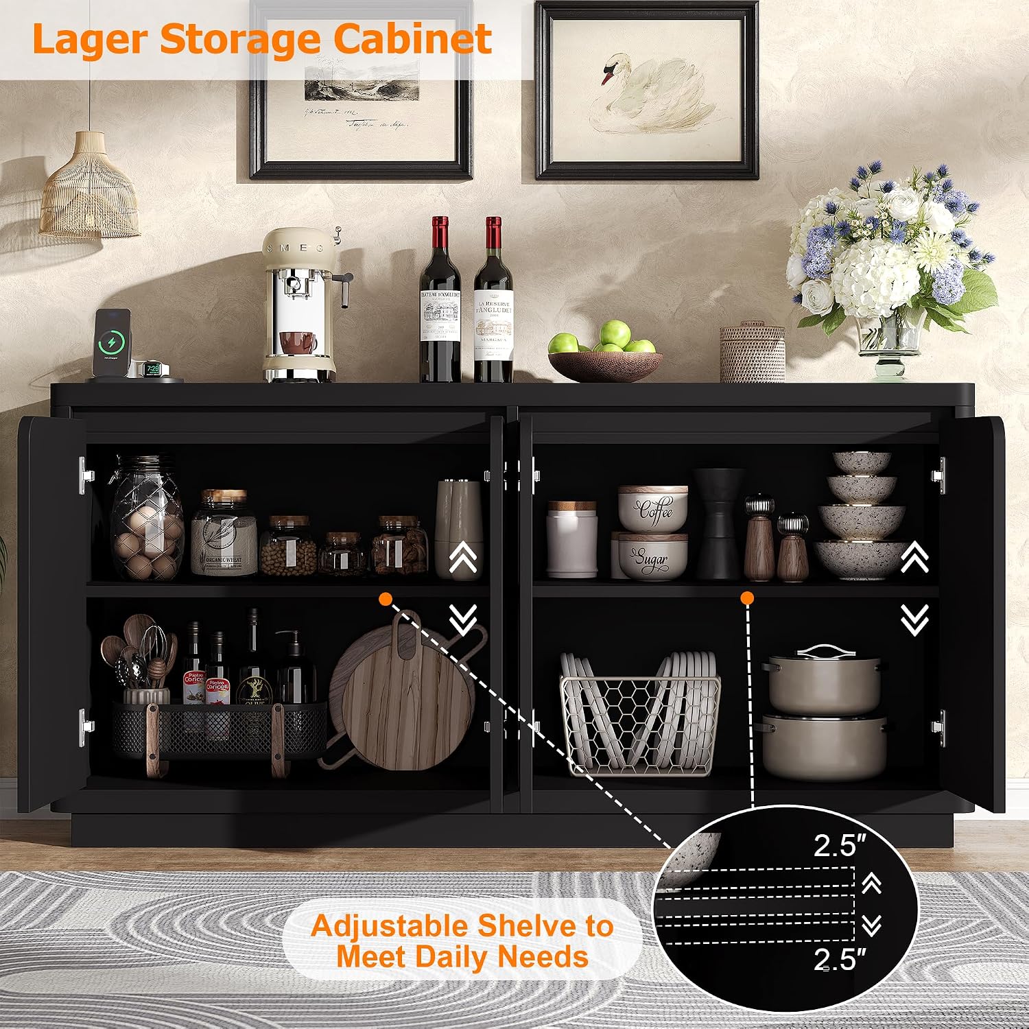 knoworld 63" Buffet Cabinet with Storage & Power Outlet, Wood Sideboard Credenza with Double-Arc Doors, Modern Coffee Bar Console Table for Kitchen Dining Room, Black