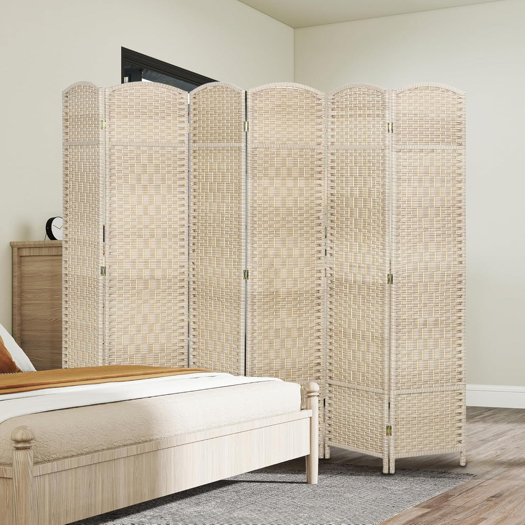 HOMCOM Room Divider, 6 Ft 6 Panel Folding Privacy Screen, Hand-Woven PP Wall Partition with Pine Wood Frame, Freestanding Room Separator for Bedroom, Home Office, No Assembly, Washed Oak
