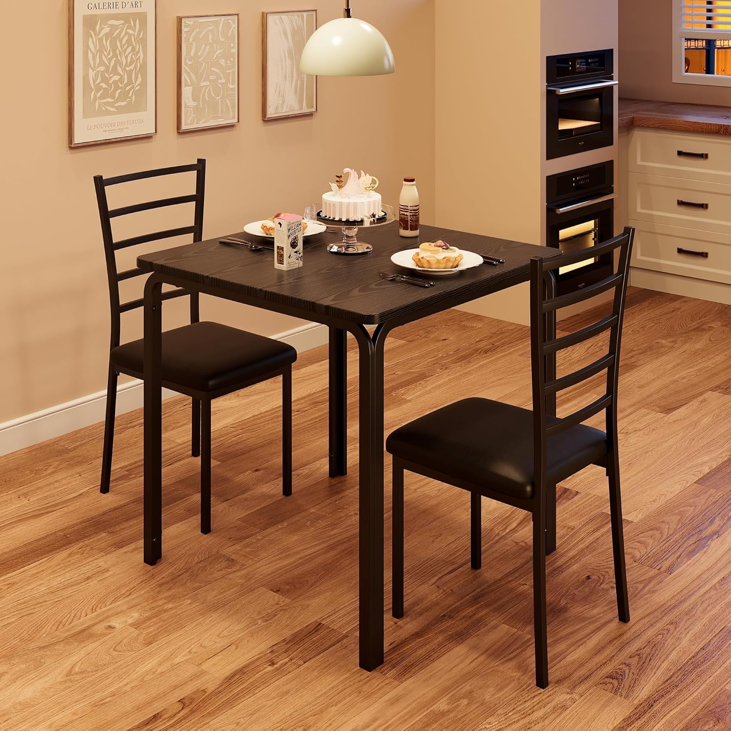 Modern 3-Piece Dining Set for 2 – Compact Square Table & Chairs with Sturdy Metal Frame, Easy Assembly, Space-Saving Kitchen Furniture – Ideal for Small Apartments or Breakfast Nooks