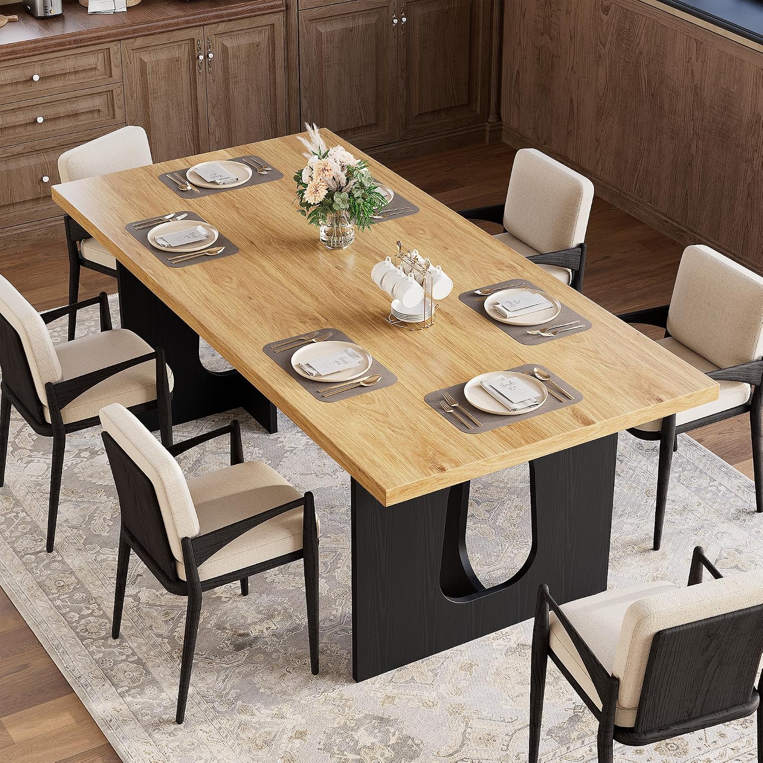 GarveeHome Dining Table for 6-8 People - 71" Modern Long Kitchen Table with Large Tabletop & Heavy Duty Pedestal Legs, Dinner Table for Kitchen, Conference Room, Home, Natural & Black