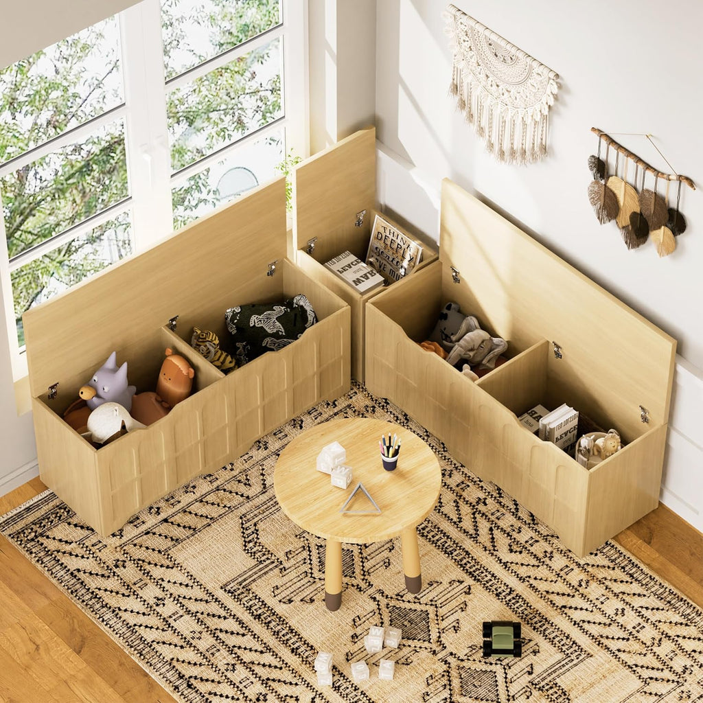3-Piece L-Shaped Multifunctional Storage Bench with Padded Shoe Bench, Serves as a Kitchen Corner Stool, Toy Storage Box, or Reading Nook seat, Natural Color, 63" D x 63" W x 19.1" H