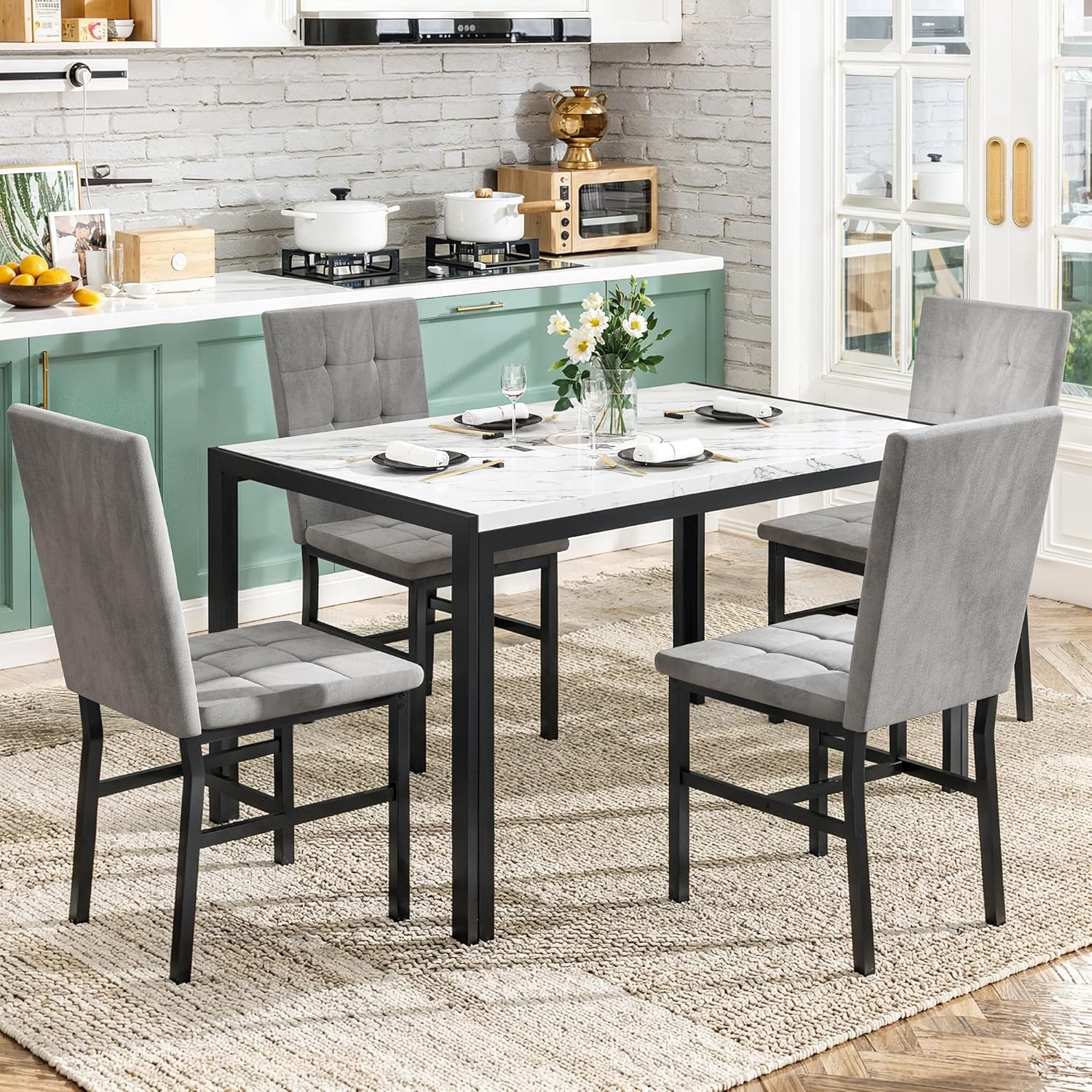 DKLGG 5-Piece Dining Table Set for 4, Faux Marble Kitchen Table Chairs Set of 4 with Upholstered Chairs, Modern Dining Room Table Set for Small Spaces (White+Tufted Grey)
