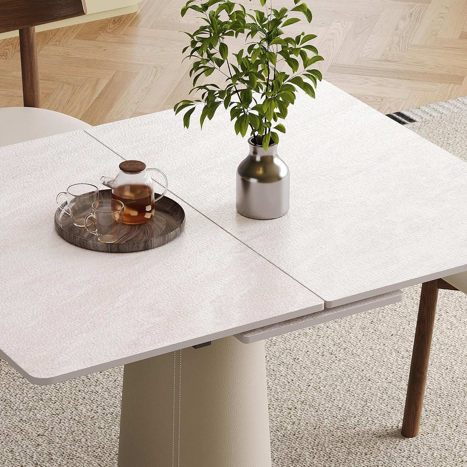 47.2" Retractable Rock Slab Folding Dining Table, Modern Expandable Kitchen Table with Leather-Wrapped Stainless Steel Base, Space Saving Square Dining Table for Small Apartments