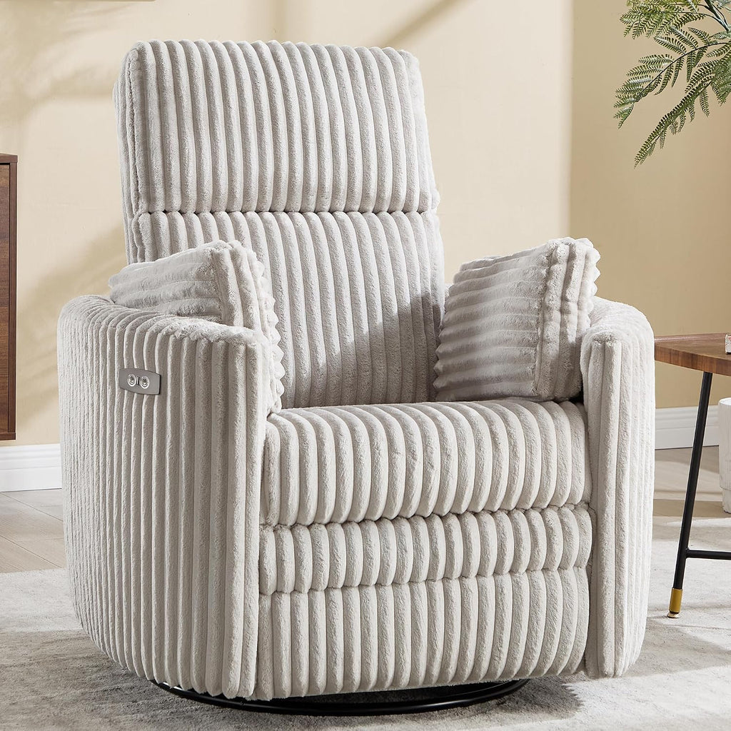 Power Recliner Nursery Swivel Rocking Glider Chair,Upholstered Adult Recliner Nursing Rocker Chair with USB Port with 2 Pillows for Nursery Living Room Bedroom(Lightgrey Corduroy,Power-Driven)