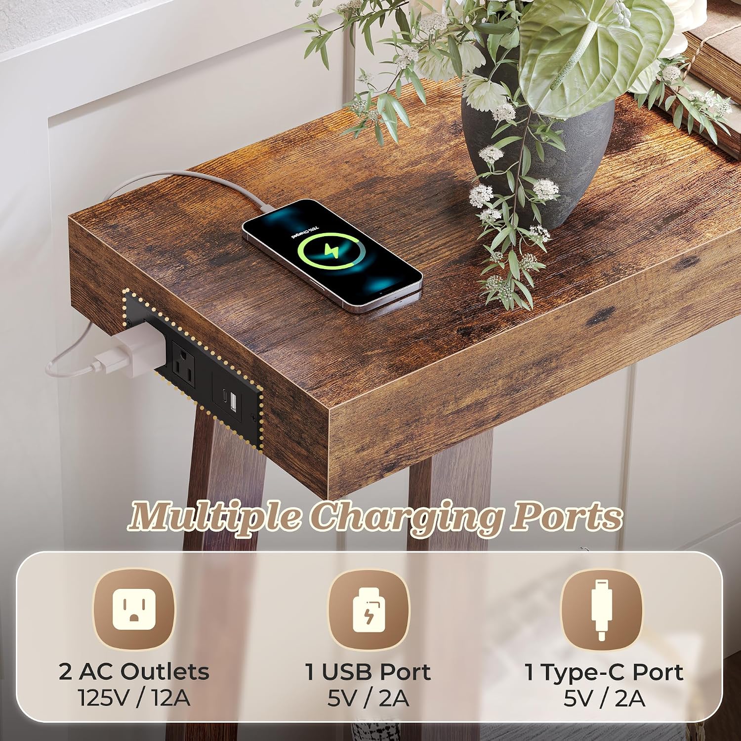 Huuger Entryway Console Table with Charging Station, USB-C Port, 53.9 Inch Sofa Table with Metal Legs, Entry Hallway Table with Thicker Desktop, Modern Behind Couch Table, Rustic Brown