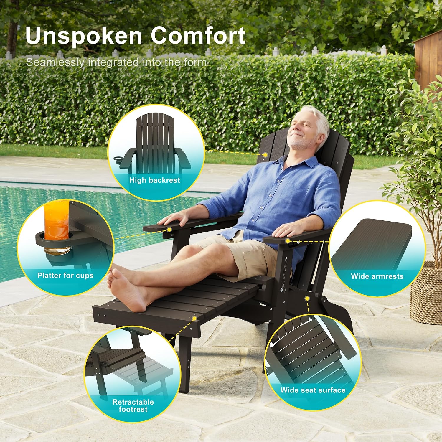 3-Position Adjustable Folding Adirondack Chair with Retractable Ottoman, HDPE Weather Resistant Patio Chair Set of 2 with Hidden Cup Holder for Lawn, Deck and Garden, Brown