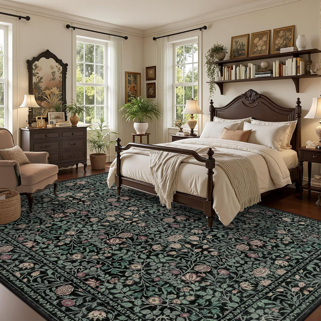 5x7 Area Rugs Living Room Rug: Floral Washable Rug Vintage Boho Soft No Slip Stain Resistant Carpet Indoor Floor Throw Carpets for Bedroom Hallway Nursery Dining Room Playroom Dark Green Black