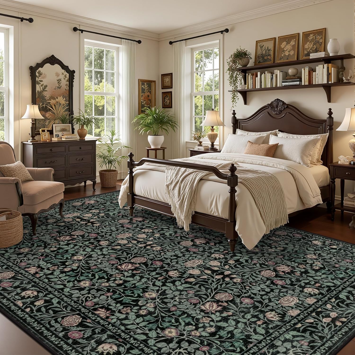 5x7 Area Rugs Living Room Rug: Floral Washable Rug Vintage Boho Soft No Slip Stain Resistant Carpet Indoor Floor Throw Carpets for Bedroom Hallway Nursery Dining Room Playroom Dark Green Black