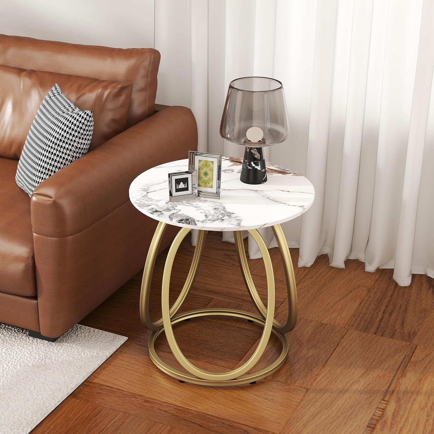 O&K FURNITURE Gold Side Table Living Room, Round End Table with Marbling Stone, Nightstand with Metal Frame, for Bedroom, Home Office, 1PC