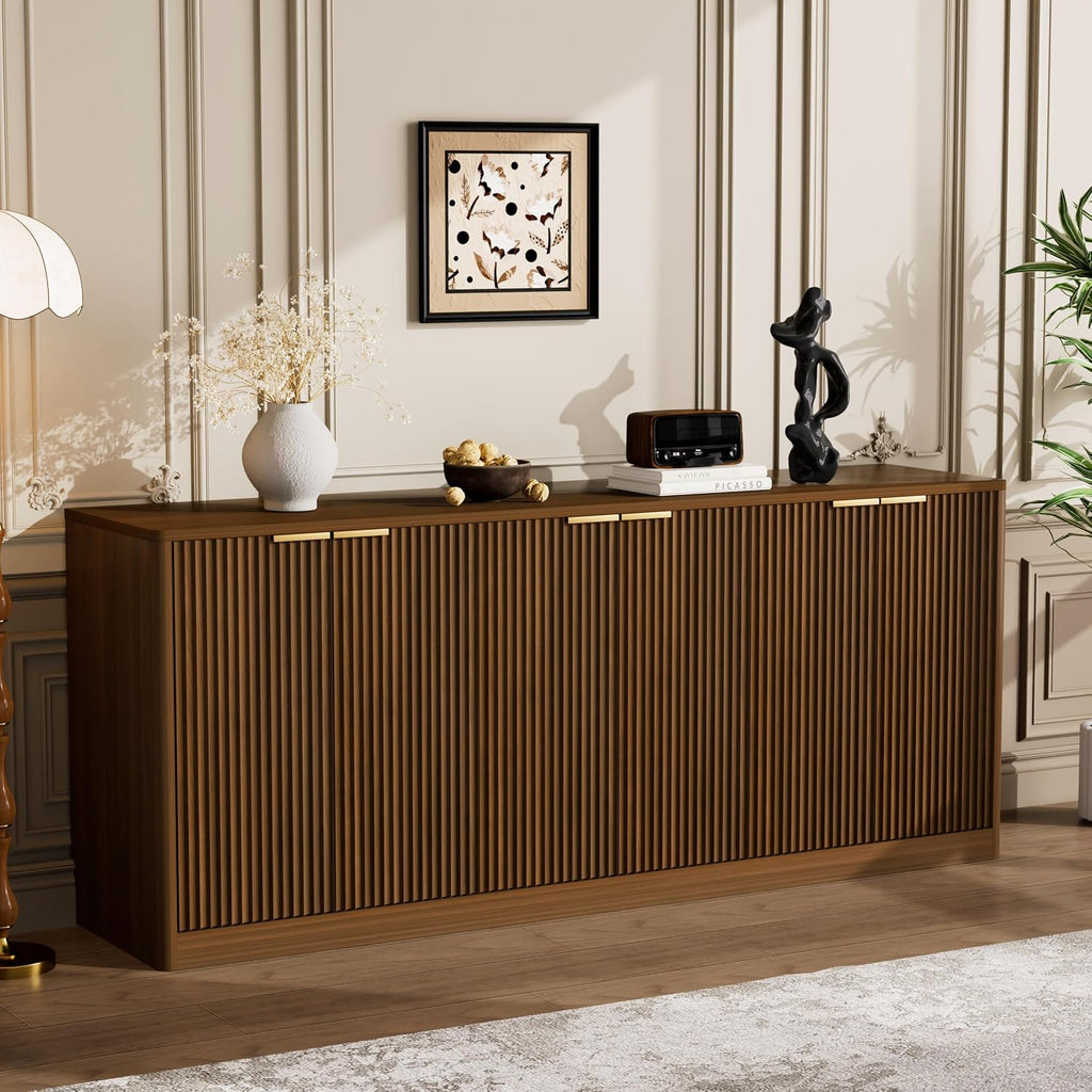 67" Fluted Buffet Sideboard Cabinet with Storages, Modern Accent Cabinet with 6 Doors,Large Storage Cabinet for Kitchen, Living Room,Entryway(Walnut)