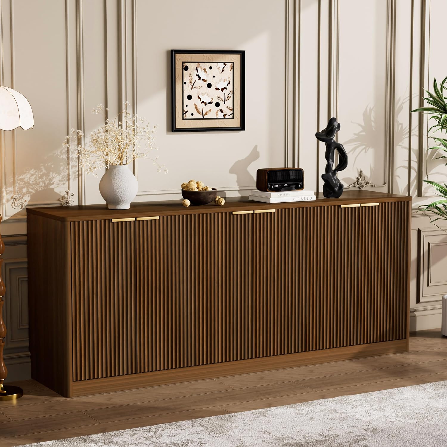 67" Fluted Buffet Sideboard Cabinet with Storages, Modern Accent Cabinet with 6 Doors,Large Storage Cabinet for Kitchen, Living Room,Entryway(Walnut)