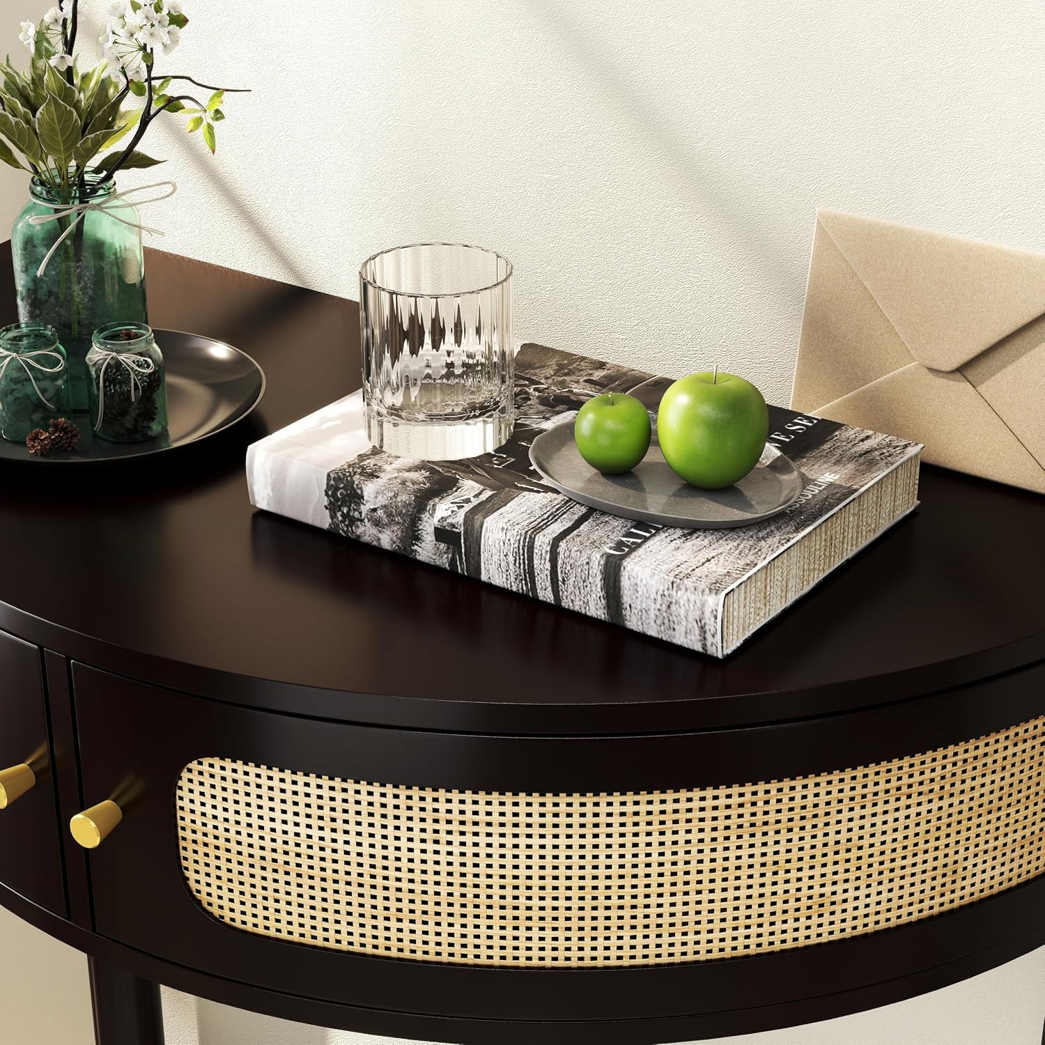Half Moon Table – 32-Inch Unique Side Table, Half Moon Console Table & Half Round Entryway Table with Drawer, Polished Black Boho Design, Solid Wood+MDF for Living Room, Hallway