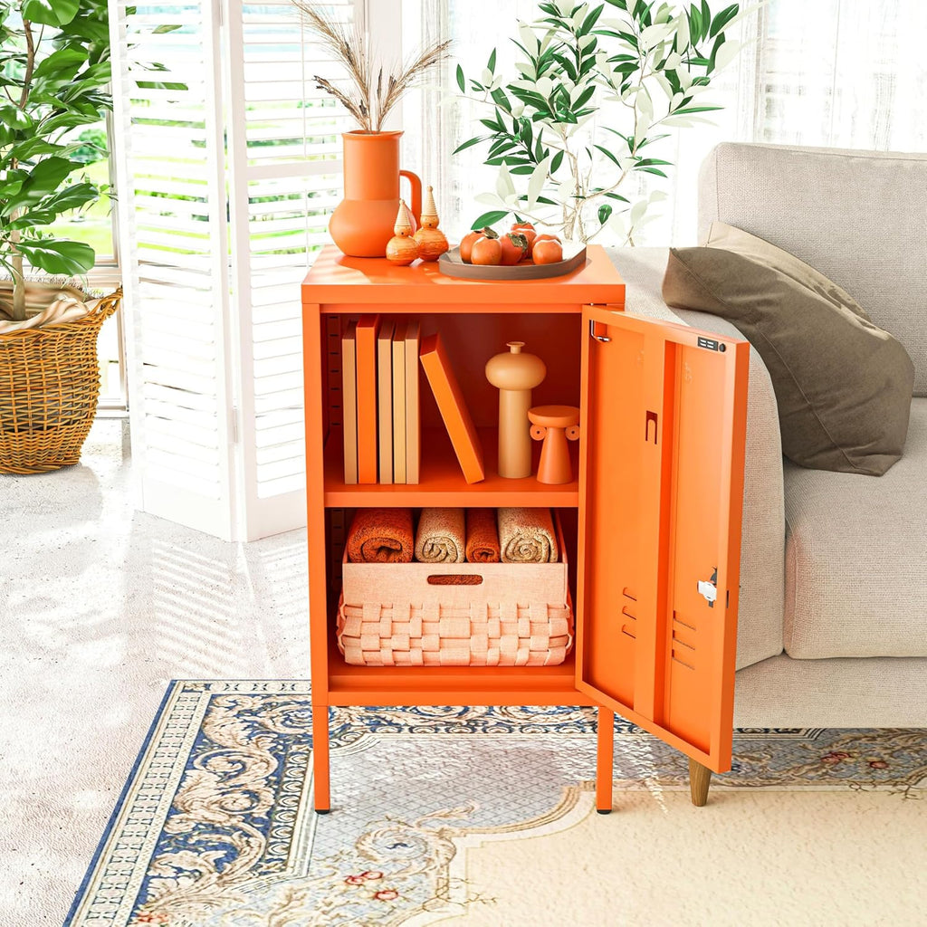 Single Door Lockable Metal End Table & Children's Bedside Table, 2-Tier Storage Cabinet with Adjustable Shelf, Easy Assembly Side Table for Living Room Bedroom Home Office Orange