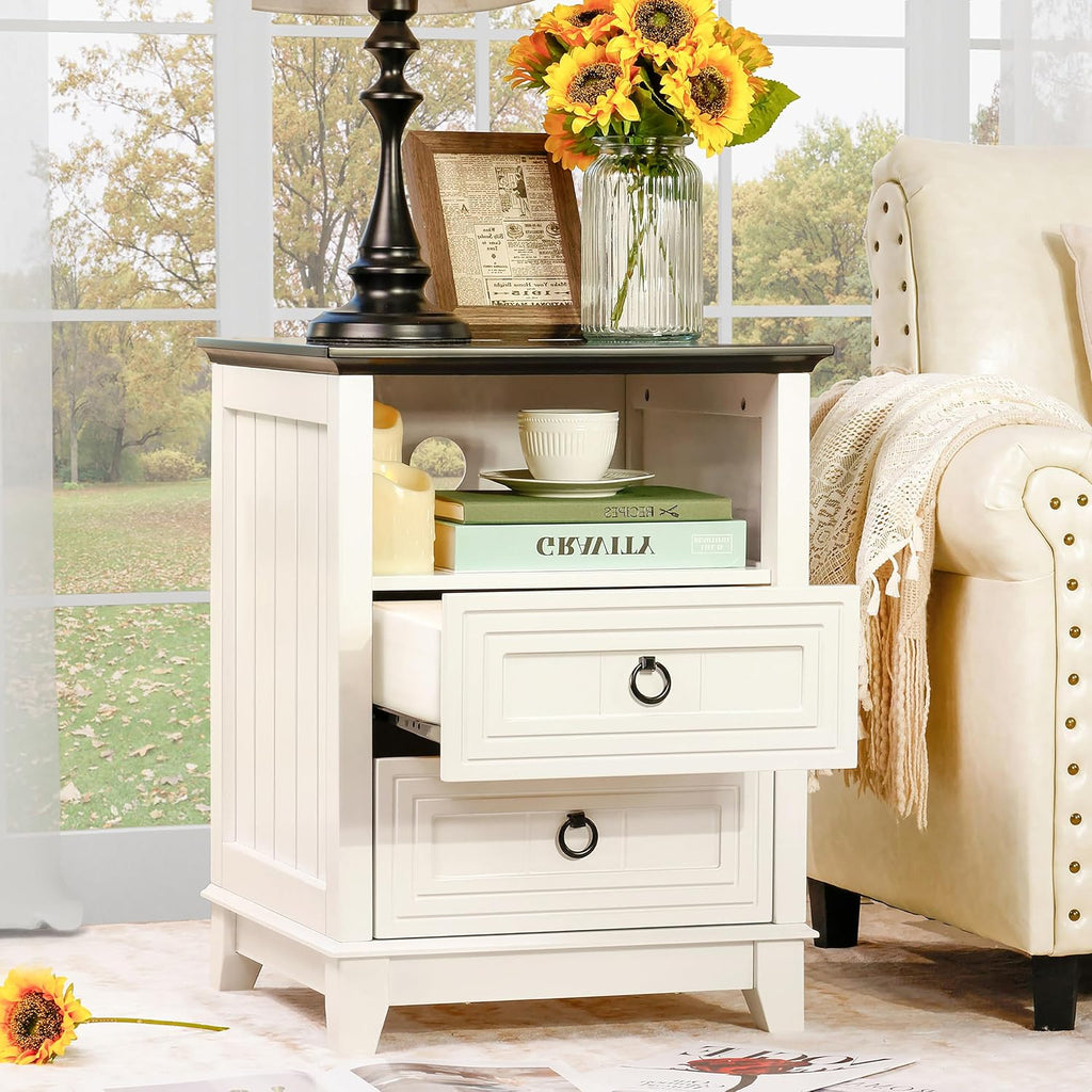 Farmhouse Nightstand, 24" Wooden Couch Side Table with 2 Drawers & Open Shelf, Rustic End Table for Bedroom & Living Room, Bedside Space-Saving Accent Storage Cabinet (White)