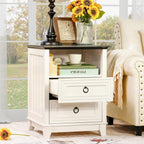 Farmhouse Nightstand, 24" Wooden Couch Side Table with 2 Drawers & Open Shelf, Rustic End Table for Bedroom & Living Room, Bedside Space-Saving Accent Storage Cabinet (White)