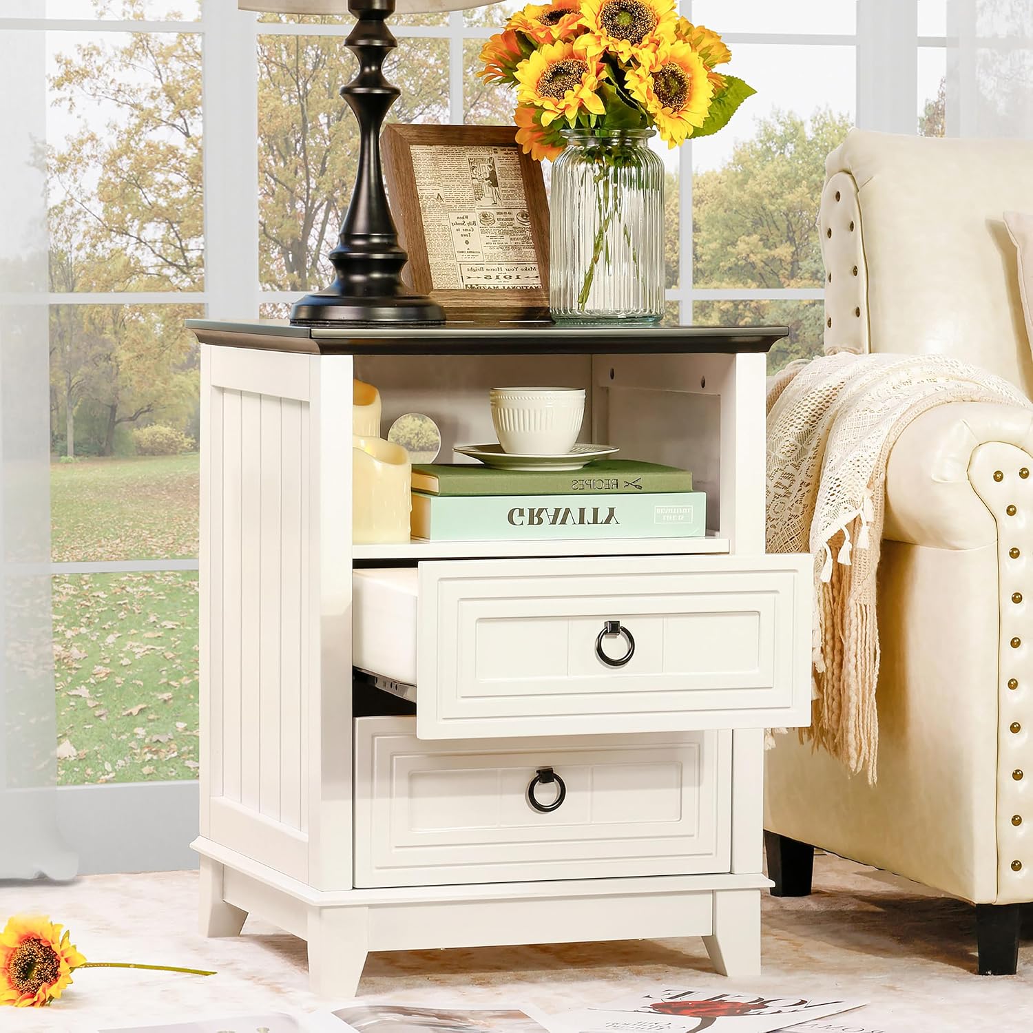 Farmhouse Nightstand, 24" Wooden Couch Side Table with 2 Drawers & Open Shelf, Rustic End Table for Bedroom & Living Room, Bedside Space-Saving Accent Storage Cabinet (White)