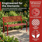 IDEALHOUSE Outdoor Metal Garden Bench 2 Person, 790 Lbs Heavy Duty Steel Patio Bench with Geometric Backrest, Weather Resistant Red Outdoor Seating for Porch, Yard, Deck, Entryway