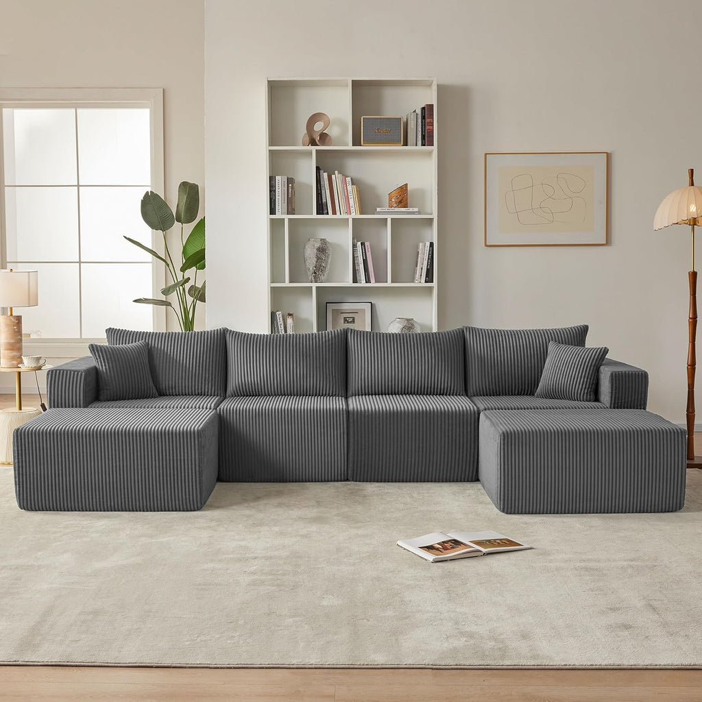 Weture 121''Modular Sectional Sofa with 2 Ottoman, Boneless couches for Living Room Furniture, Comfort U Shaped Sofa, Deep Seat Corner Couch, No Assembly Required（Gray, Corduroy）