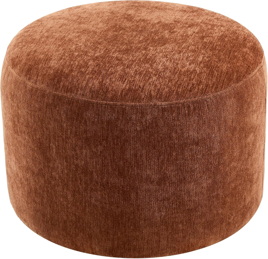 Upholstered Round Ottoman, Modern Small Footstool with Soft Padded Seat & Solid Wood Frame, Multifunctional Vanity Stool Accent Seat for Living Room, Bedroom, Entryway, Orange-Brown Chenille