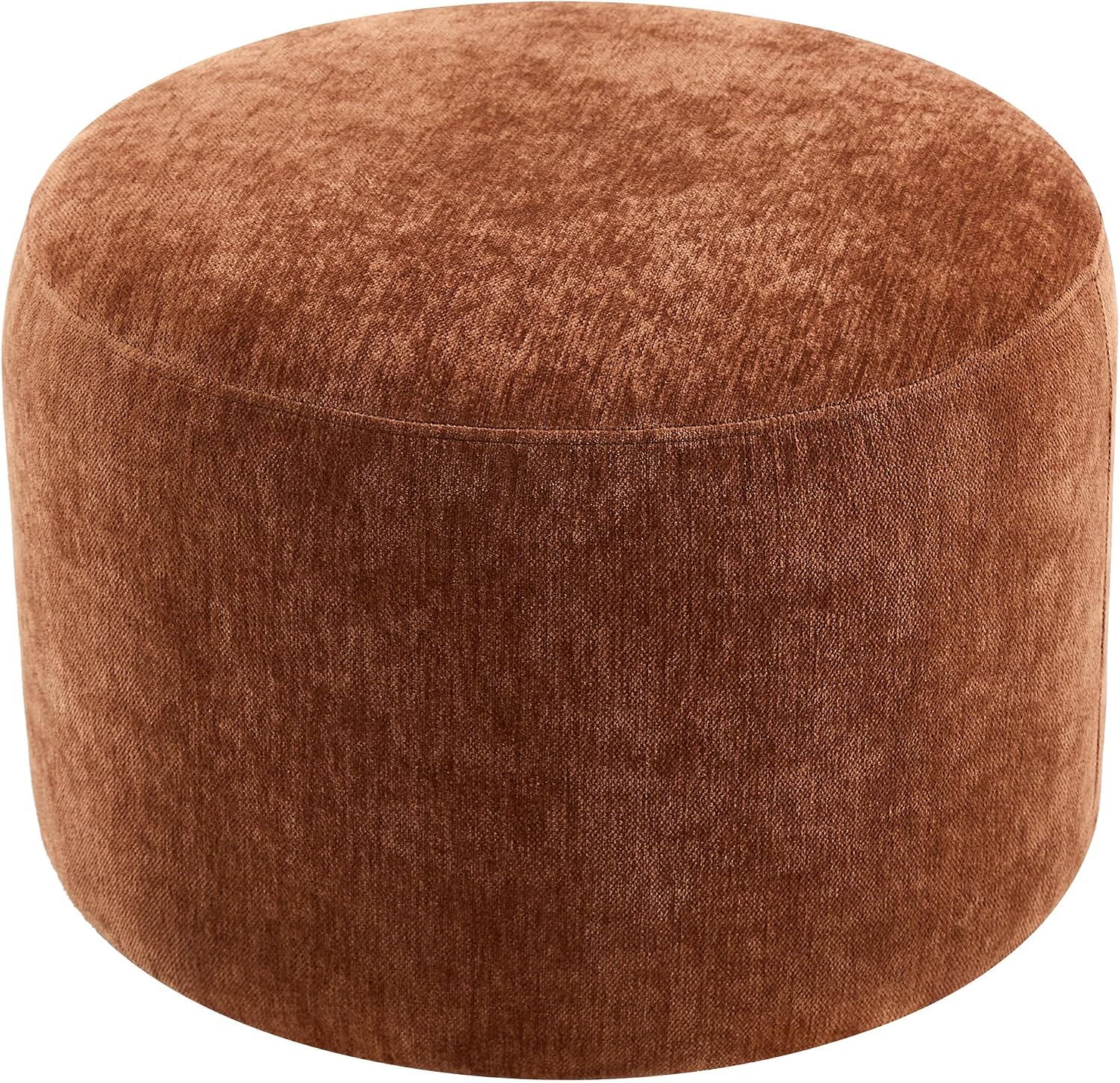 Upholstered Round Ottoman, Modern Small Footstool with Soft Padded Seat & Solid Wood Frame, Multifunctional Vanity Stool Accent Seat for Living Room, Bedroom, Entryway, Orange-Brown Chenille
