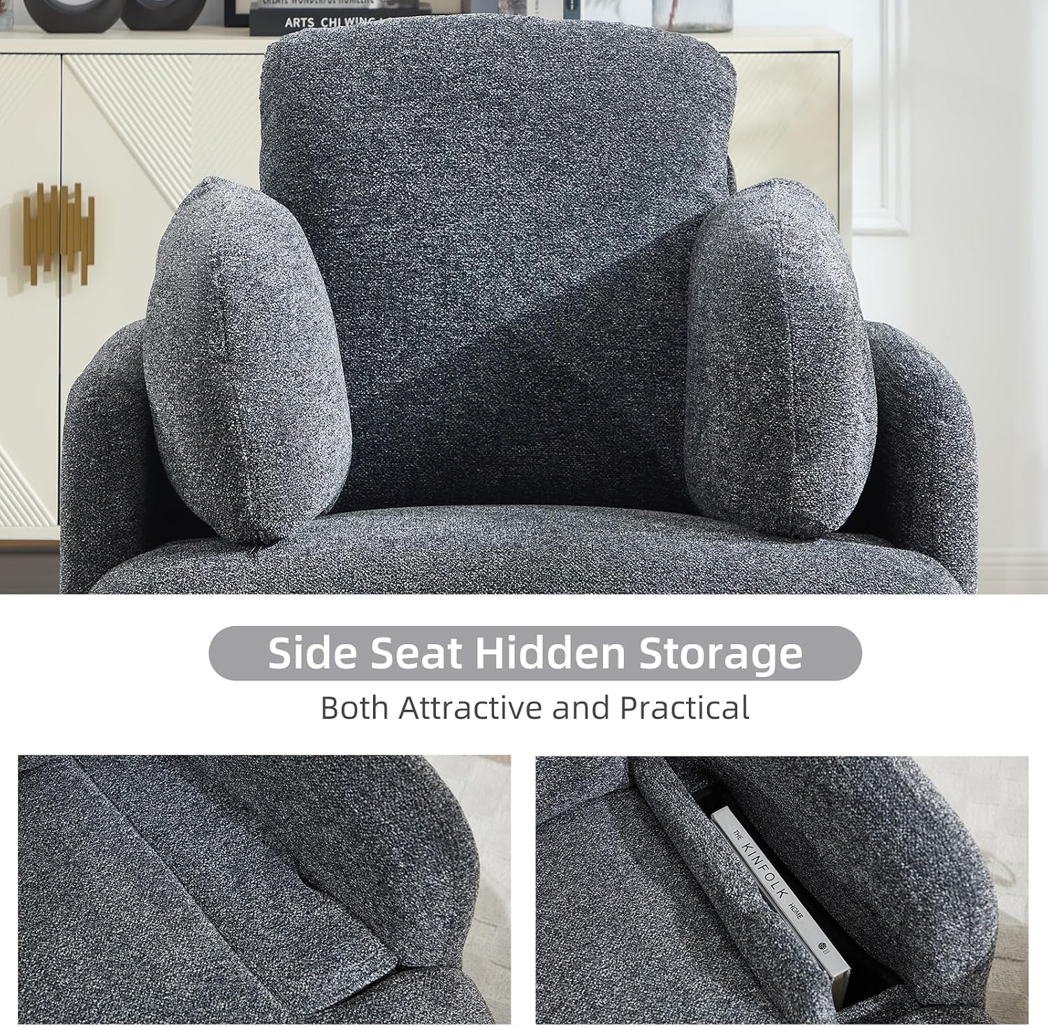 CANMOV Swivel Rocker Recliner, Manual Recliner Chair for Adults, Nursery Glider Rocking Chair with 2 Bolster Pillows and Hidden Storage, Dark Grey