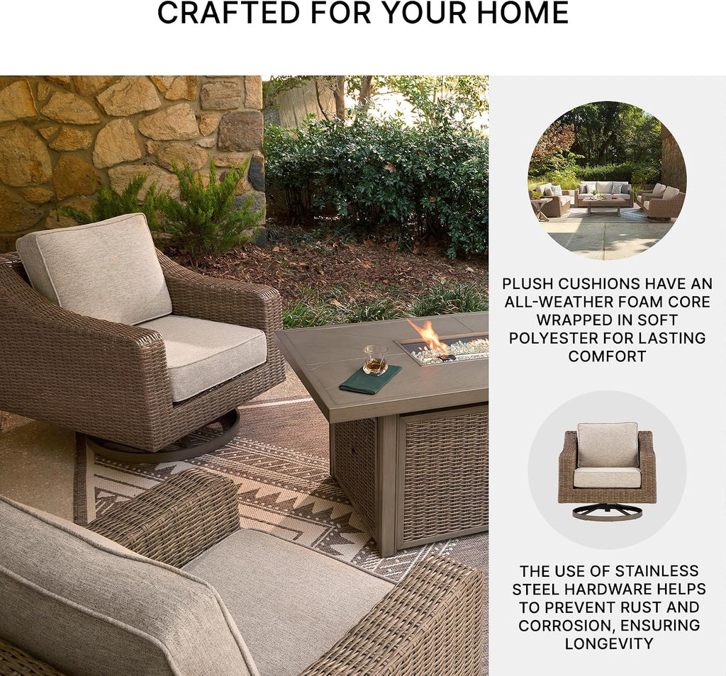 Signature Design by Ashley Carmel Bay Casual Weather and UV Resistant Outdoor Swivel Lounge with Cushion, Light Brown & Beige