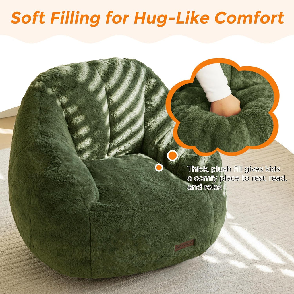 MAXYOYO Kids Bean Bag Chair, Comfy Bean Bag Sofa with Back Support, Faux Fur Cute Chair for Boys and Girls, Stuffed Floor Sofa for Nursery, Bedroom, Green