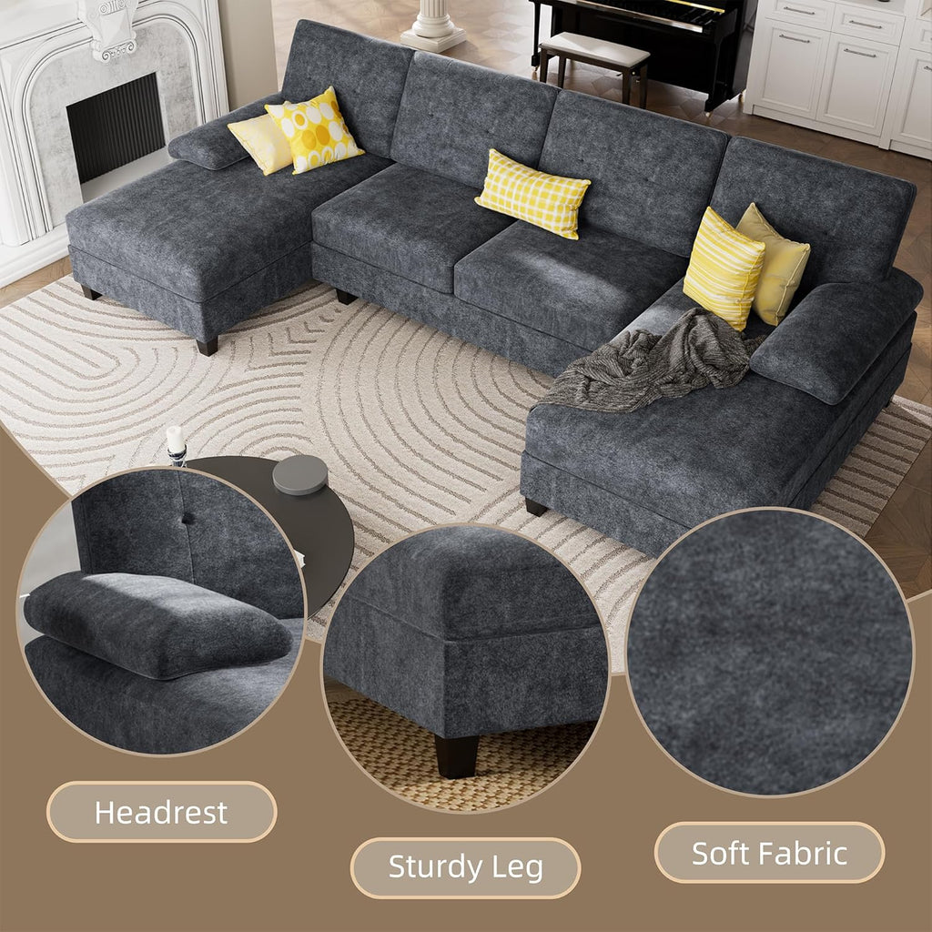 U-Shaped Sectional Sofa with Double Chaise,Linen Fabric 4-Seat Modern Couch, Removable Pillows for Apartment Living Room, Black