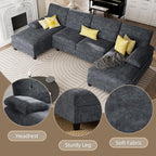 U-Shaped Sectional Sofa with Double Chaise,Linen Fabric 4-Seat Modern Couch, Removable Pillows for Apartment Living Room, Black