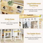 Kitchen Island with Storage and Seating Include 2 Bar Stools, 47" Solid Rubberwood Top Kitchen Island with Trash Can Storage, Power Outlet, 2 Drawers & Open Shelves Cabinet, Dining Table for 2, White
