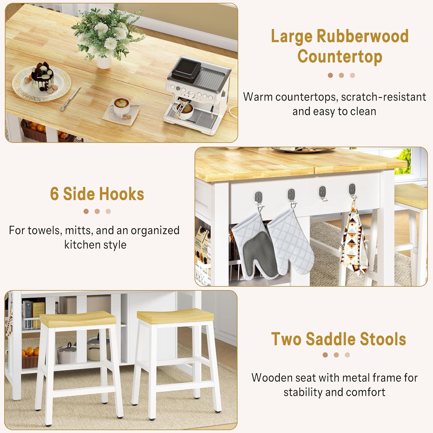 Kitchen Island with Storage and Seating Include 2 Bar Stools, 47" Solid Rubberwood Top Kitchen Island with Trash Can Storage, Power Outlet, 2 Drawers & Open Shelves Cabinet, Dining Table for 2, White