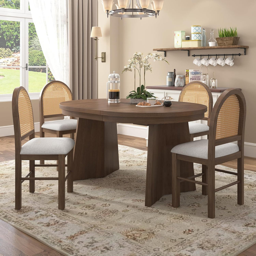 Harper & Bright Designs 5-Piece Extendable Round Dining Table Set for 4, Modern Kitchen Table Set with 4 Upholstered Chairs, Kitchen Table and Chairs Set for Kitchen Dining Room Home, Walnut+Beige