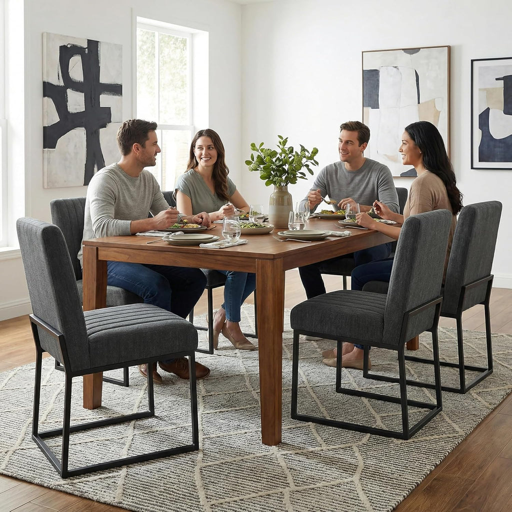 VKNOW Upholstered Dining Chairs Set of 6, Modern Dining Room Chairs with Stripe, Linen Kitchen Chair Dinner Chair with Black Metal Base for Kitchen, Dark Grey