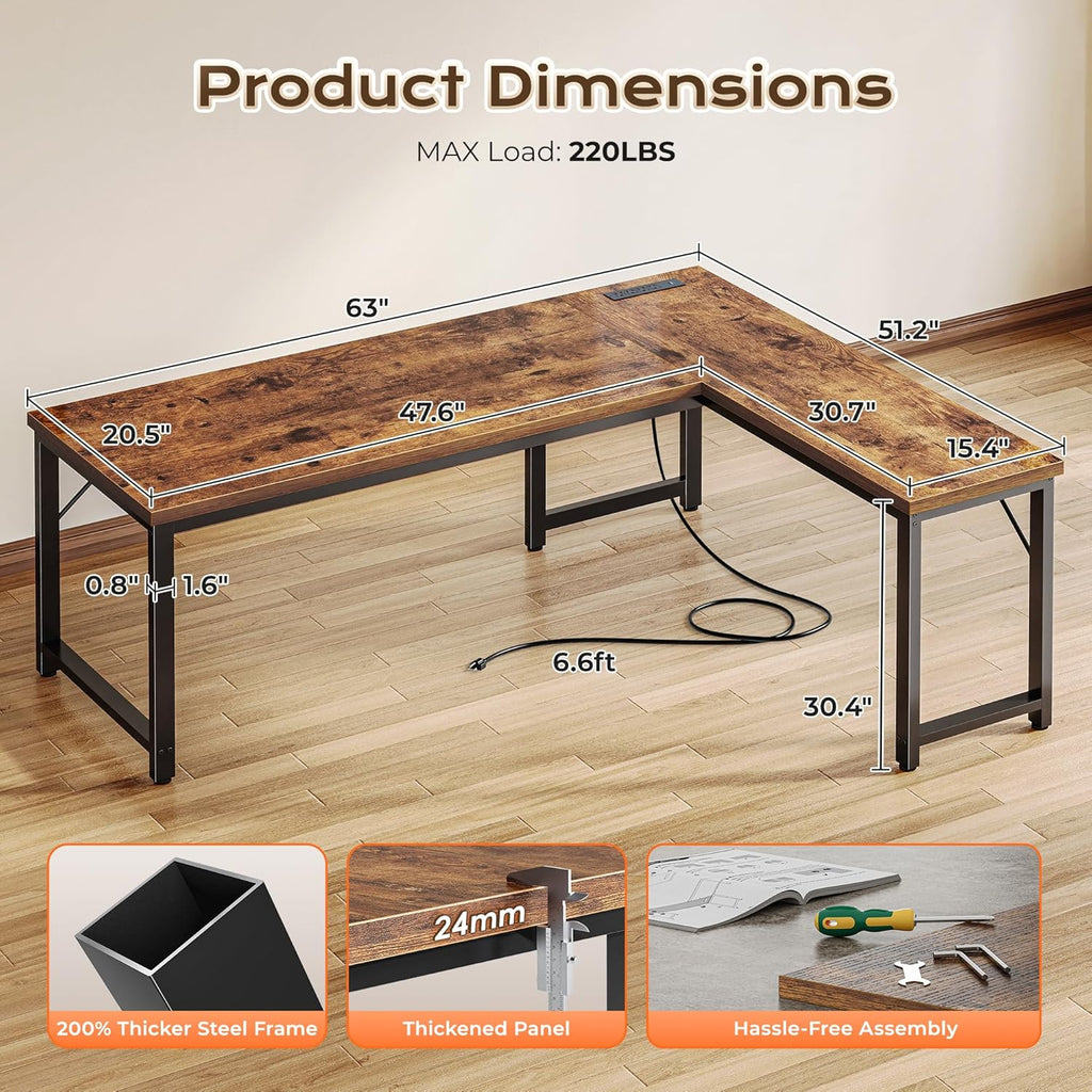Huuger 63 Inch L Shaped Desk with Power Outlets and USB-C Port, 0.95 Inch Thicker Desktop, Reversible Computer Desk, Larger Office Corner Gaming Desk, Metal Frame, for Home Office, Study, Rustic Brown