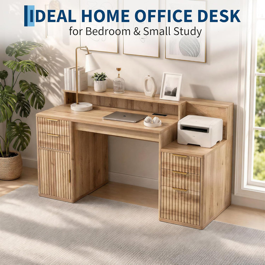 IDEALHOUSE Rectangular Computer Desk with Hutch & Printer Stand, Ripple Door Storage Home Office Desk, Space-Saving Study Writing Desk for Bedroom, Sturdy Board Student Desk with Easy Assembly