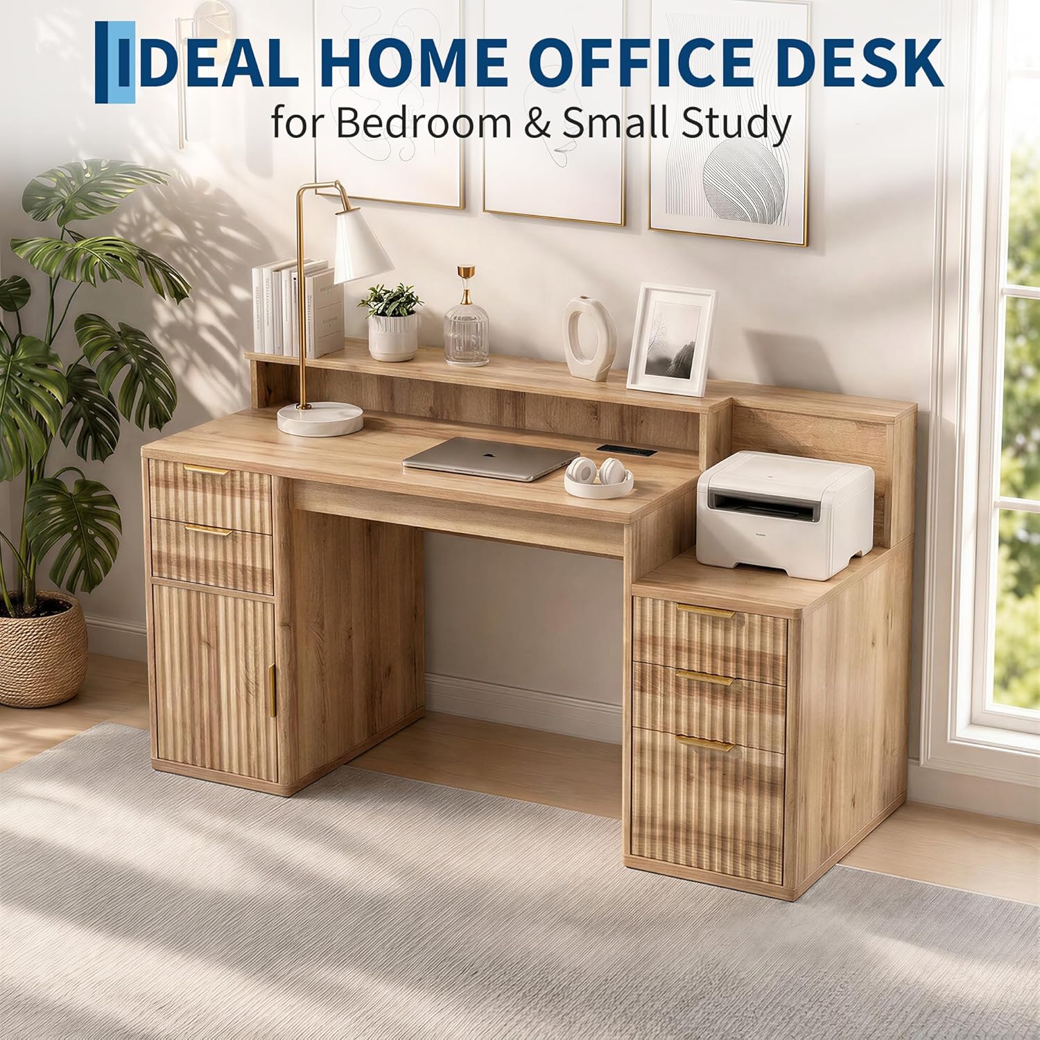 IDEALHOUSE Rectangular Computer Desk with Hutch & Printer Stand, Ripple Door Storage Home Office Desk, Space-Saving Study Writing Desk for Bedroom, Sturdy Board Student Desk with Easy Assembly