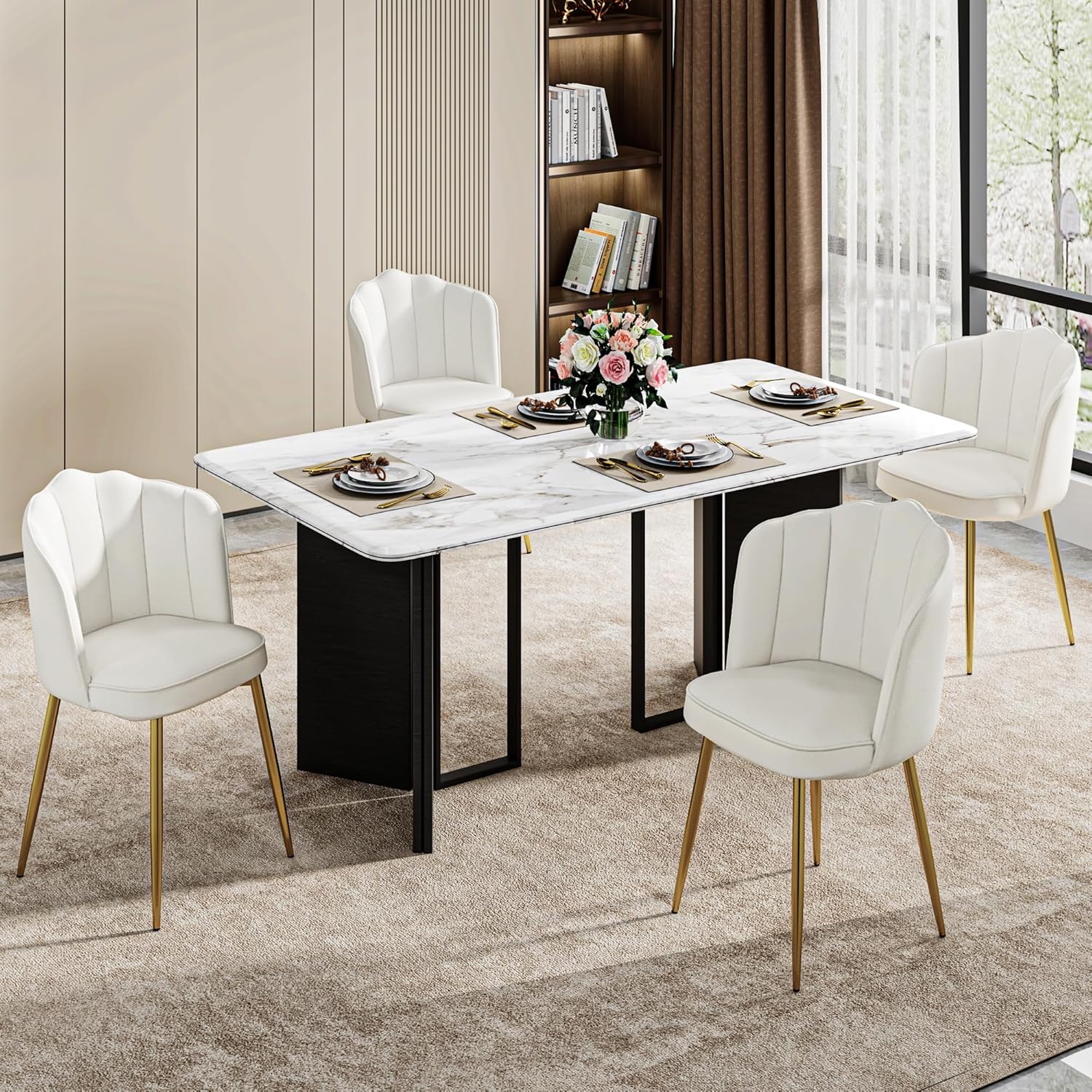 VECELO Velvet Dining Chairs Set of 2, Modern Upholstered Kitchen Chairs with Thick Cushions, Curved Padded Backrest and Metal Legs, for Kitchen, Dining Room, Living Room, White