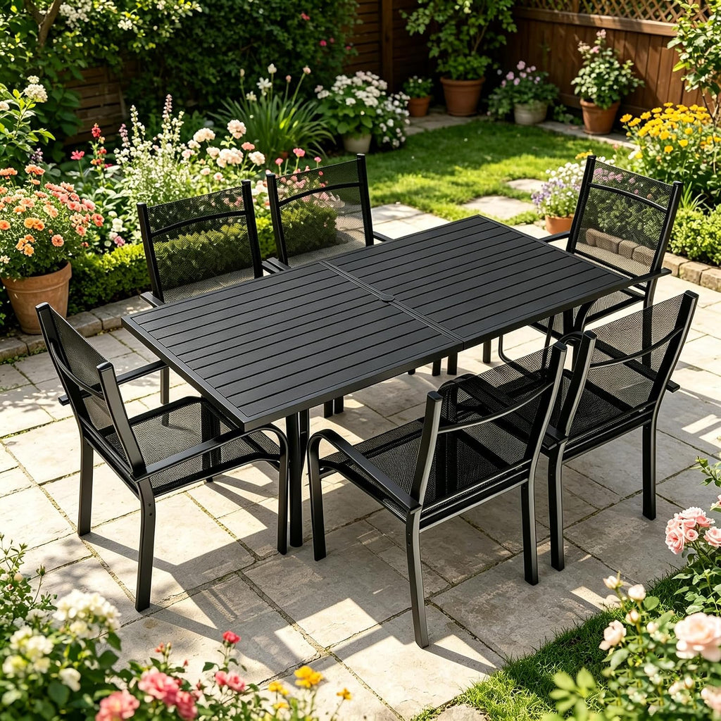 Trevero 7 Pieces Outdoor Dining Table 63"x36", Rectangle Patio Dining Table and Chairs with Stable Metal Frame for Garden, Backyard and Porch, Umbrella Hole Design, Suitable for 6 People