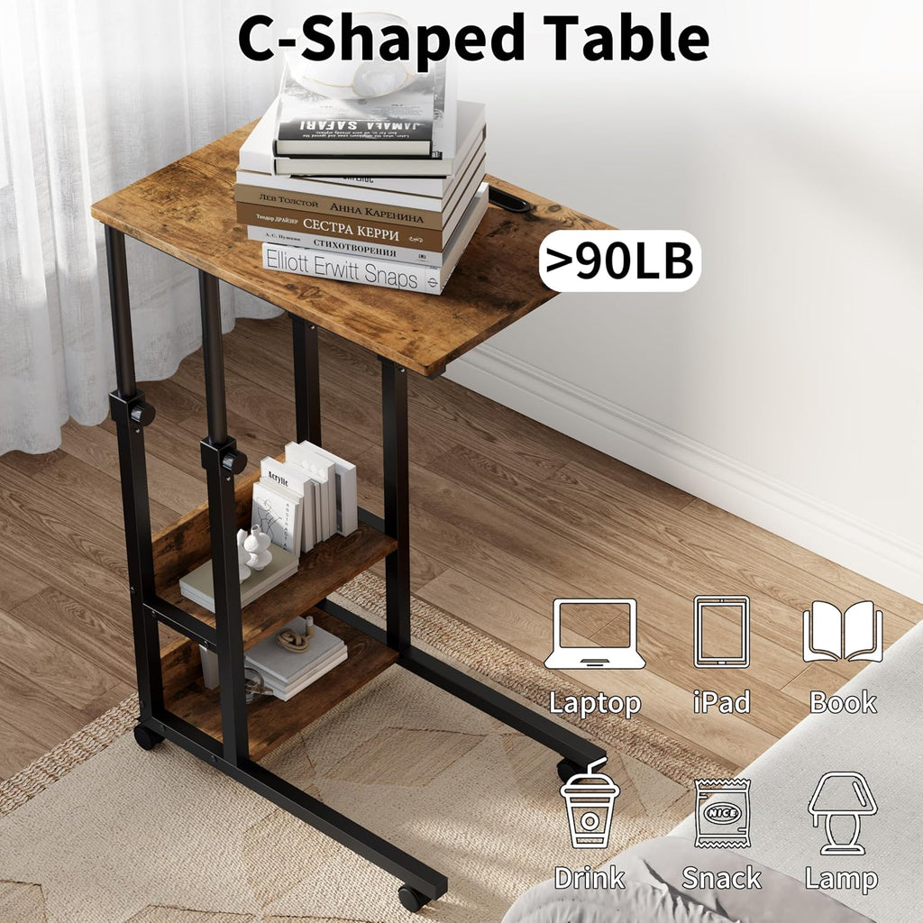 Gyfimoie C-Shaped End Table with Wheels, Side Table Adjustable Height, TV Tray Table with Metal Frame, Sofa Table for Small Spaces Living Room, Bedroom, Rustic Brown