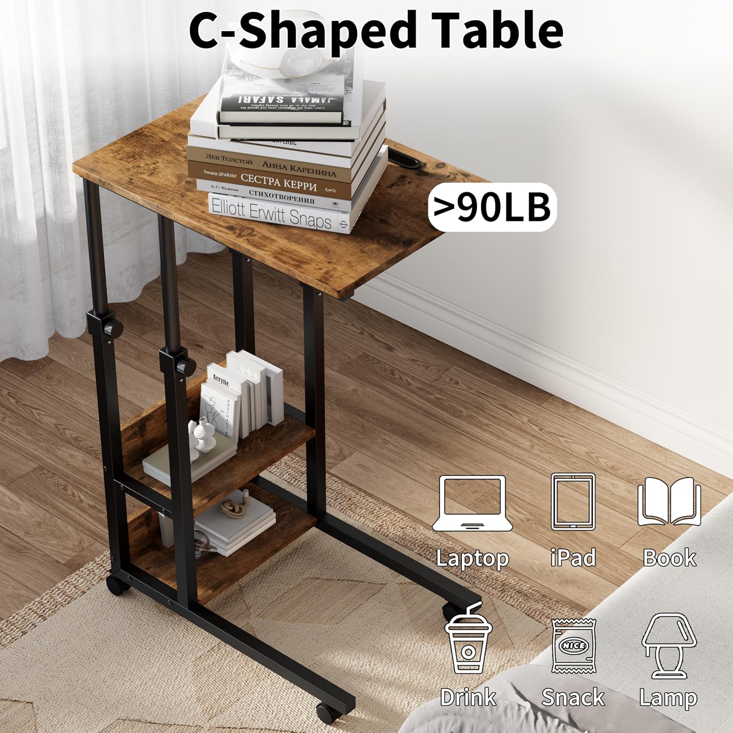Gyfimoie C-Shaped End Table with Wheels, Side Table Adjustable Height, TV Tray Table with Metal Frame, Sofa Table for Small Spaces Living Room, Bedroom, Rustic Brown