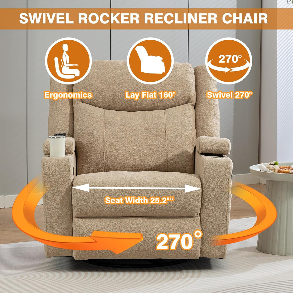 Power Swivel Rocker Recliner Chair with Heat and Massage, Adjustable Headrest, Cup Holder & Armrest Storage, Oversized Extra Wide Reclining Rocking Chairs for Nursery and Adults Dual Motors