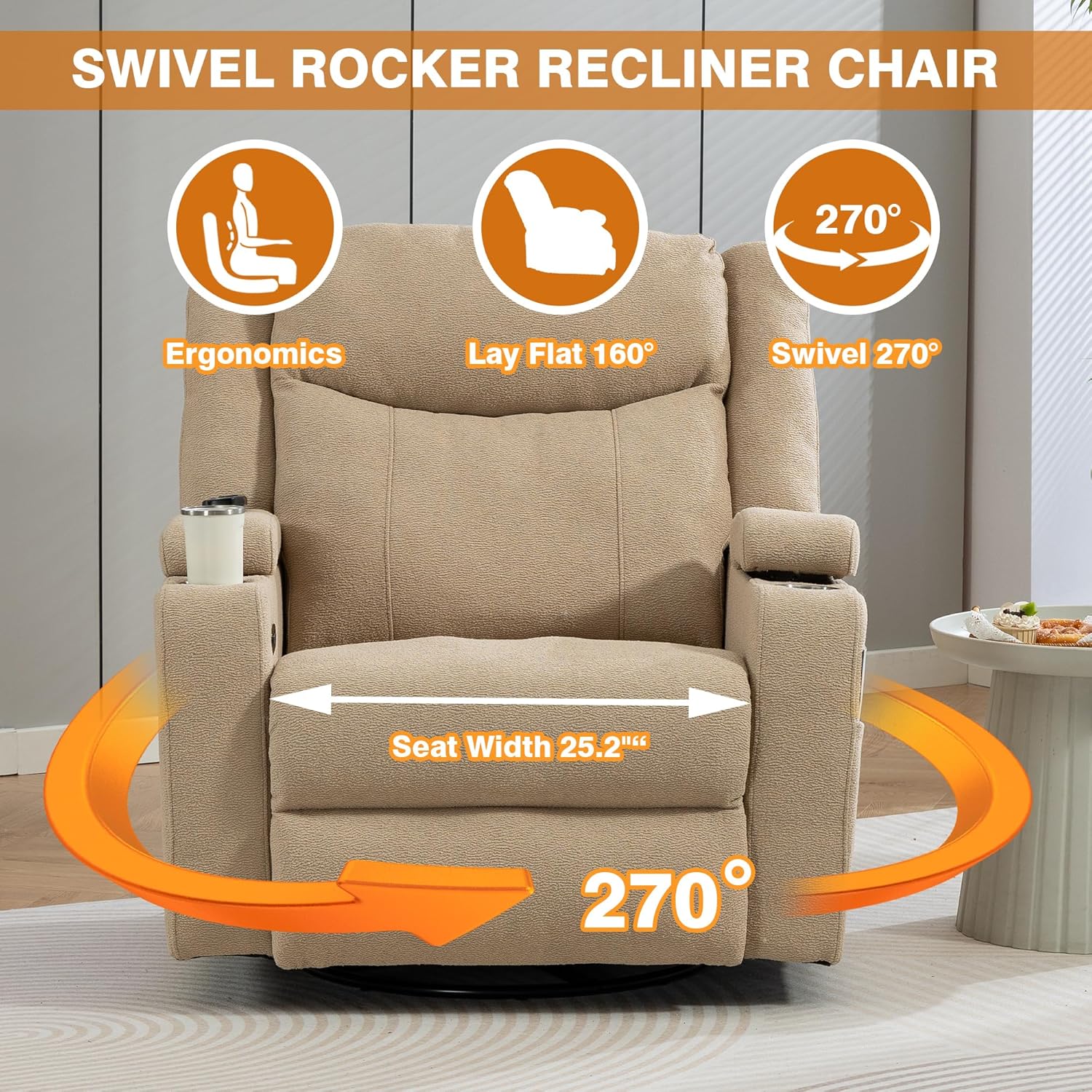 Power Swivel Rocker Recliner Chair with Heat and Massage, Adjustable Headrest, Cup Holder & Armrest Storage, Oversized Extra Wide Reclining Rocking Chairs for Nursery and Adults Dual Motors