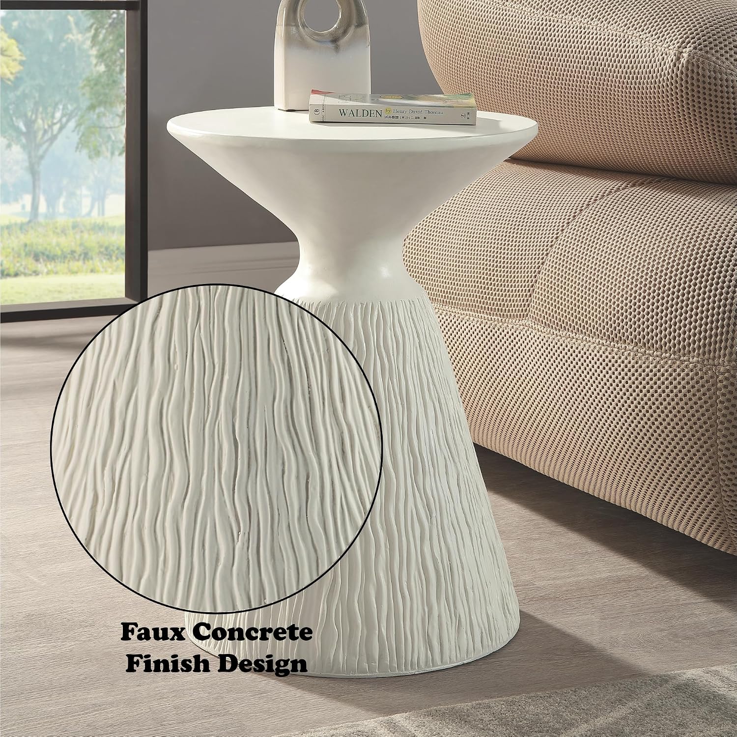 ø16'' Faux Concrete Cement Round Side Table End Table for Living Room, Modern Contemporary Minimalist White Finish Style, Fiber Concrete Material, No Assembly, White