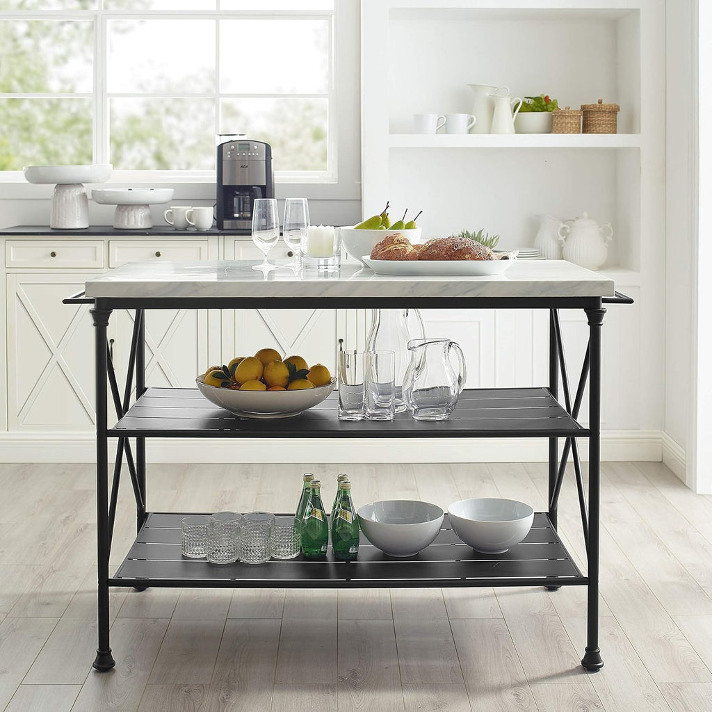 Crosley Furniture Madeleine Kitchen Island with Shelves for Storage, Microwave Stand, Coffee Bar, Steel with Faux Marble Top