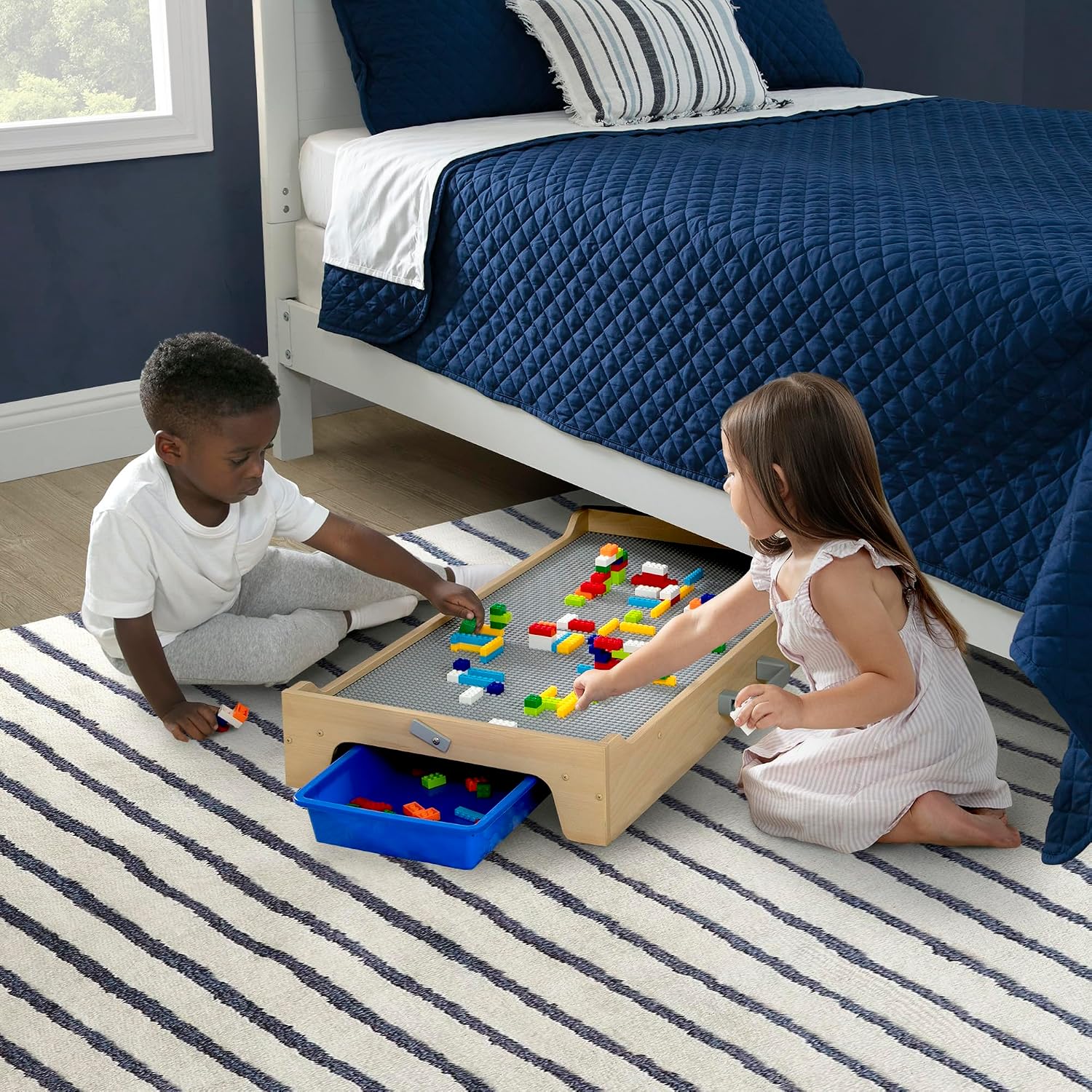 Delta Children Play N Store Building Bricks Play Table with 100+ Play Bricks Included - Large Brick Plate Compatible with LEGO, MegaBlocks & More - Legs Fold for Easy Under Bed Storage, Grey