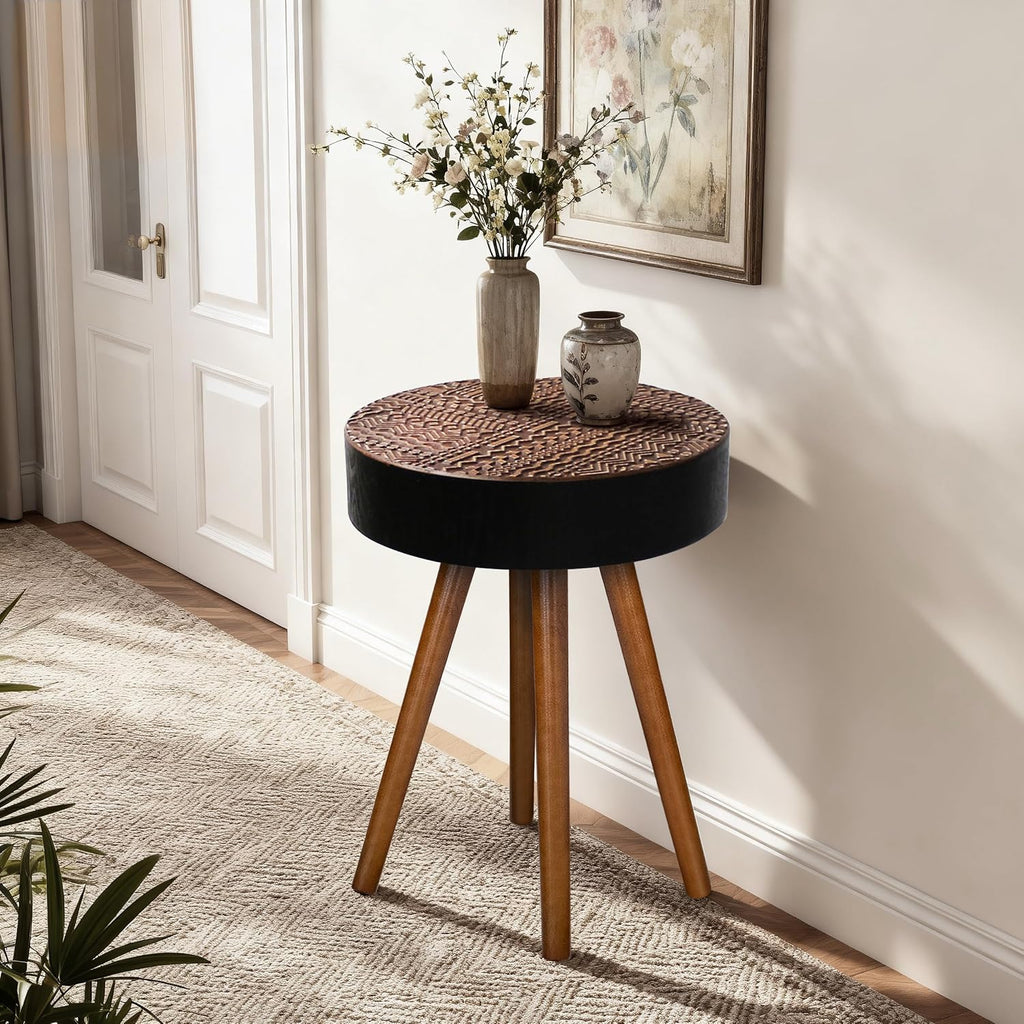 Round Wooden End Table with Retro Carved Brown Top & Black Wood Support Legs, Vintage 15.7" Small Circle Sofa Side Table for Living Room Bedroom (Brown, 4 Legs Support)