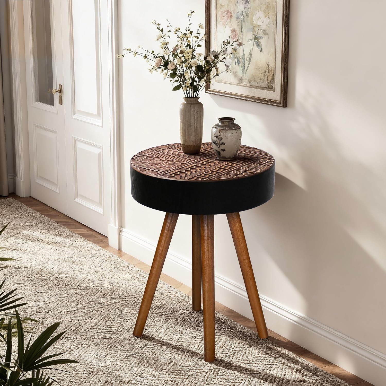 Round Wooden End Table with Retro Carved Brown Top & Black Wood Support Legs, Vintage 15.7" Small Circle Sofa Side Table for Living Room Bedroom (Brown, 4 Legs Support)