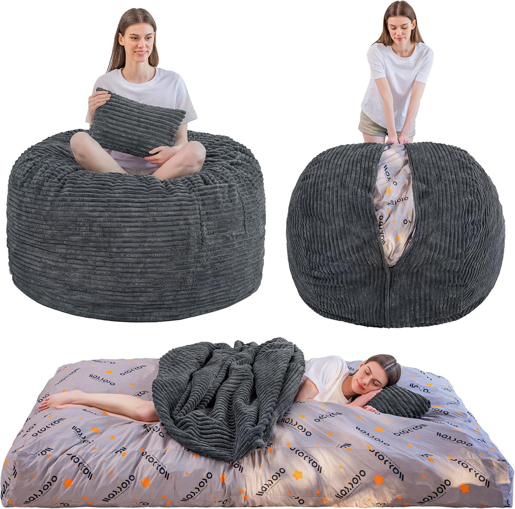 MAXYOYO Bean Bag Bed, Giant Bean Bag Chair for Adults, 2-Person with Pillow | 2-in-1 Adult Bean Bag Chair, Convertible Floor Bed with Shredded Foam Filling and Removable Cover for Easy Care, Dark Grey